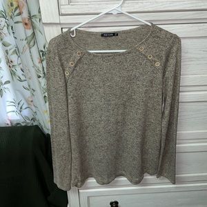 Pink Clover elbow patch, button detail brushed knit top, taupe, Sz M